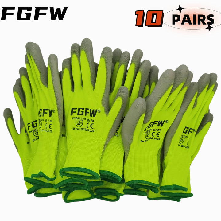 10 Pairs PU Coated Work Gloves - Lightweight, Durable Safety Gloves EN 388/ISO20471 Certified, Sizes S/M/L/XL