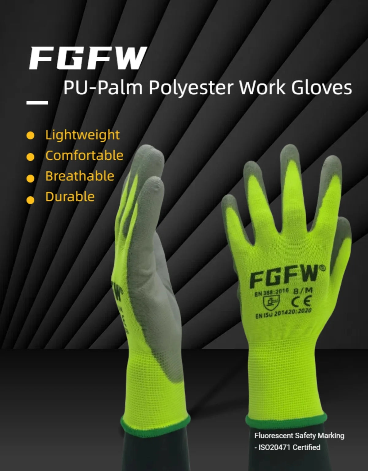 10 Pairs PU Coated Work Gloves - Lightweight, Durable Safety Gloves EN 388/ISO20471 Certified, Sizes S/M/L/XL